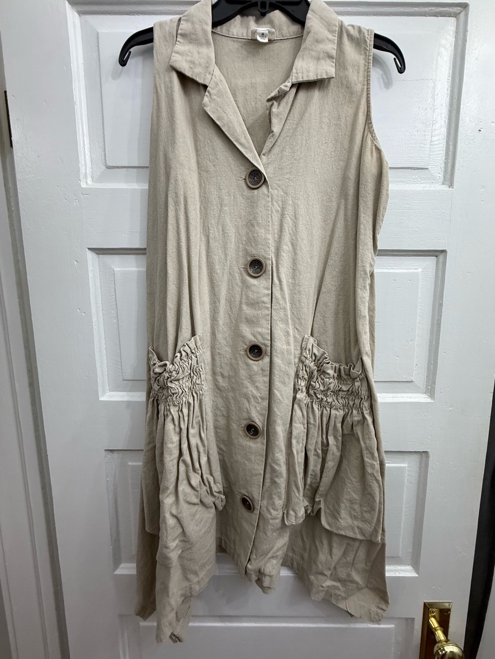 For Cynthia Neutral Beige Sleeveless Button-Front Dress with Ruched Pockets